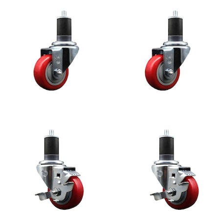 Service Caster 3'' SS Red Poly Wheel Swivel 1-5/8'' Expanding Stem Caster Set 2 Brakes, 4PK SCC-SSEX20S314-PPUB-RED-2-TLB-2-158
